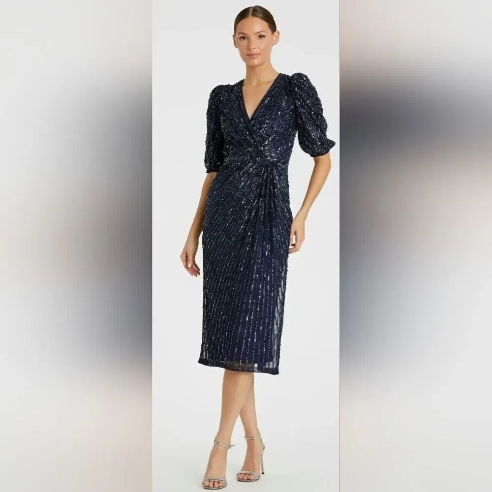 Mac Duggal 5578 Sequined V-NeckβShort Puff Sleeve Midi Dress NWT Size 8 Blue